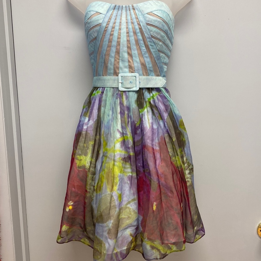 Aidan Mattox Strapless Silk Watercolor Cocktail Dress Size 4
